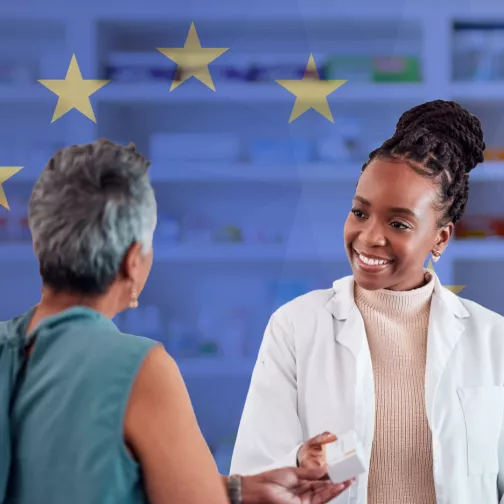 Two female figures discussing, with the EU flag visible in the background